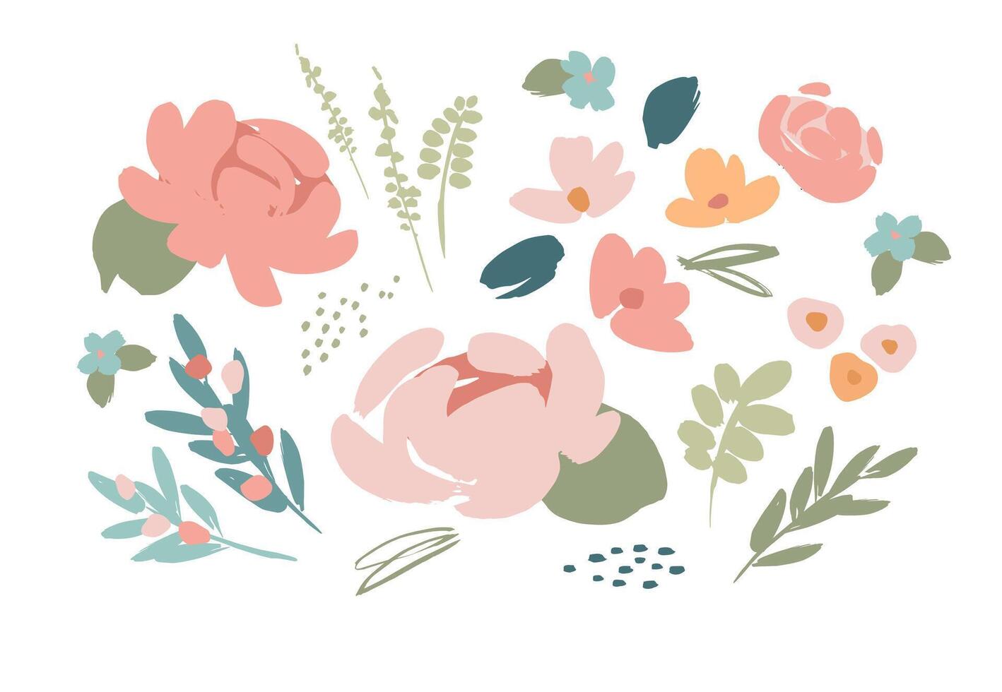 conjunto de resumen floral diseño elementos. hojas, flores, césped, ramas vector ilustraciones