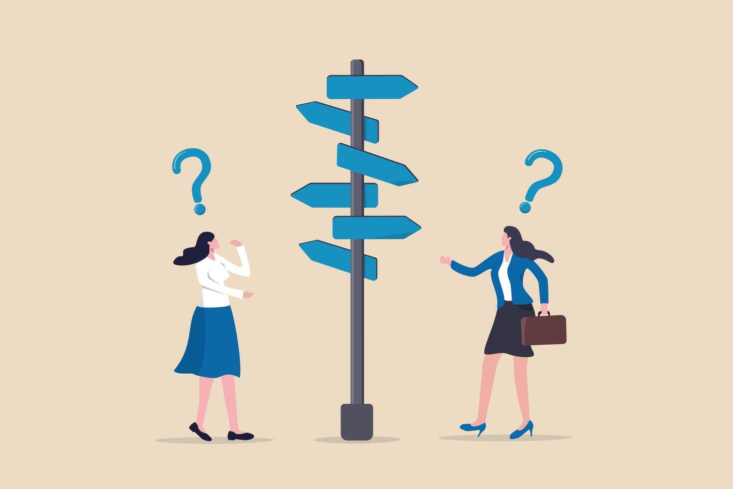 Decision choice, confusion, doubt for opportunity, challenge to choose career path, way to success or tough decision, way to solve problem concept, confused businesswoman make decision choosing path. vector