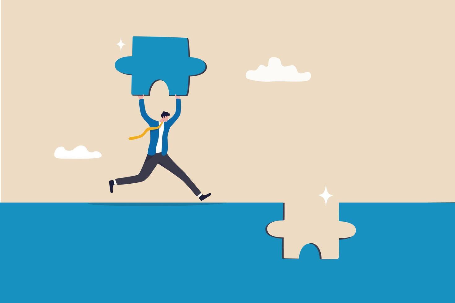 Complete jigsaw puzzle to solve business problem, solution or connection for business achievement, challenge and accomplishment concept, businessman complete last missing jigsaw puzzle piece. vector