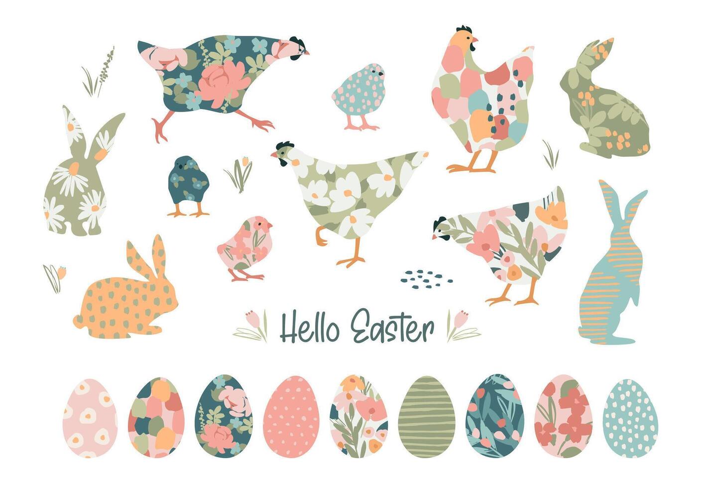 Hello Easter. Vector set of cute illustration. Chicken, bunnies , flowers, eggs. Design elements for card, poster, flyer and other use.