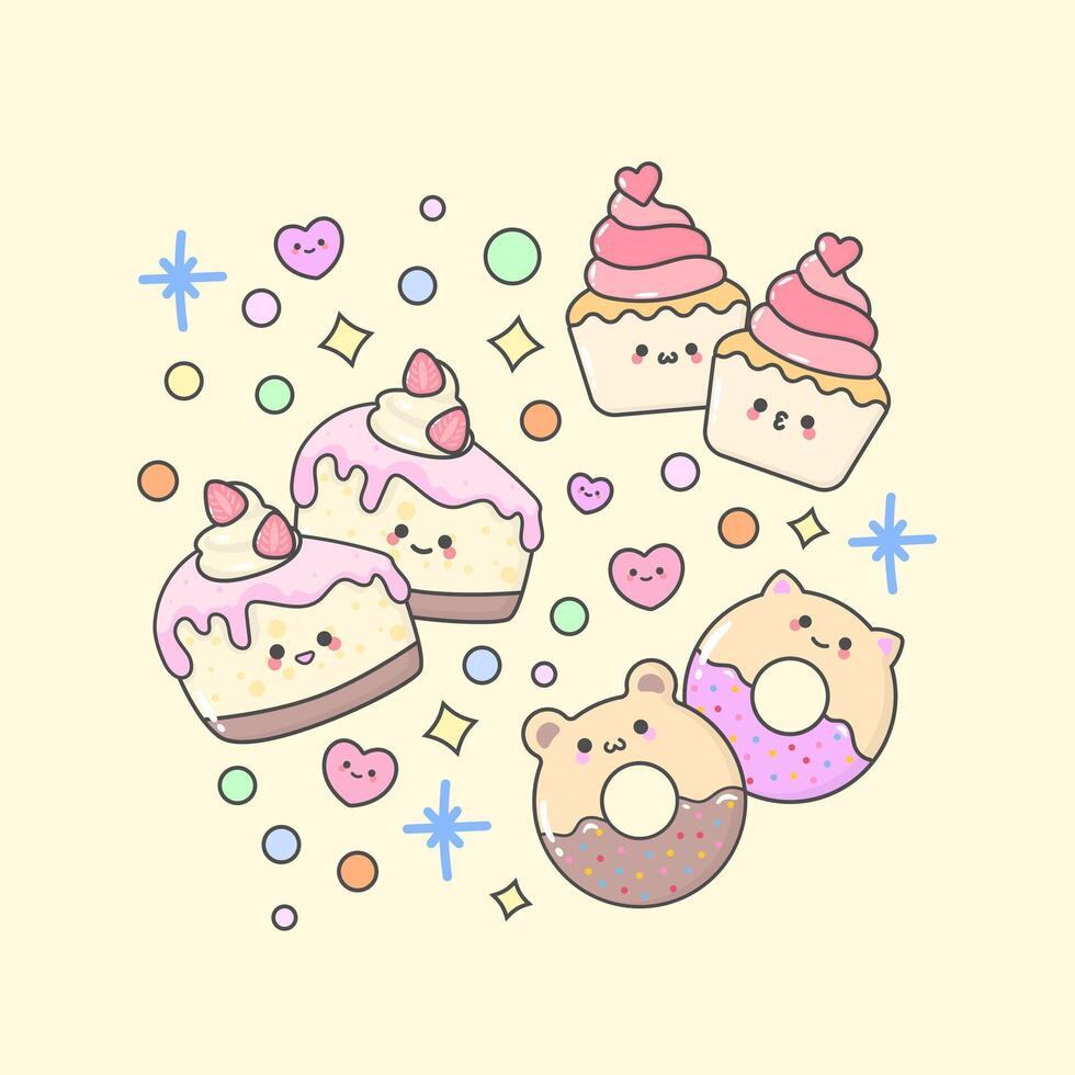 dessert cake pastry cupcake slice cake doughnut with cute facial expressions and pastel colour vector