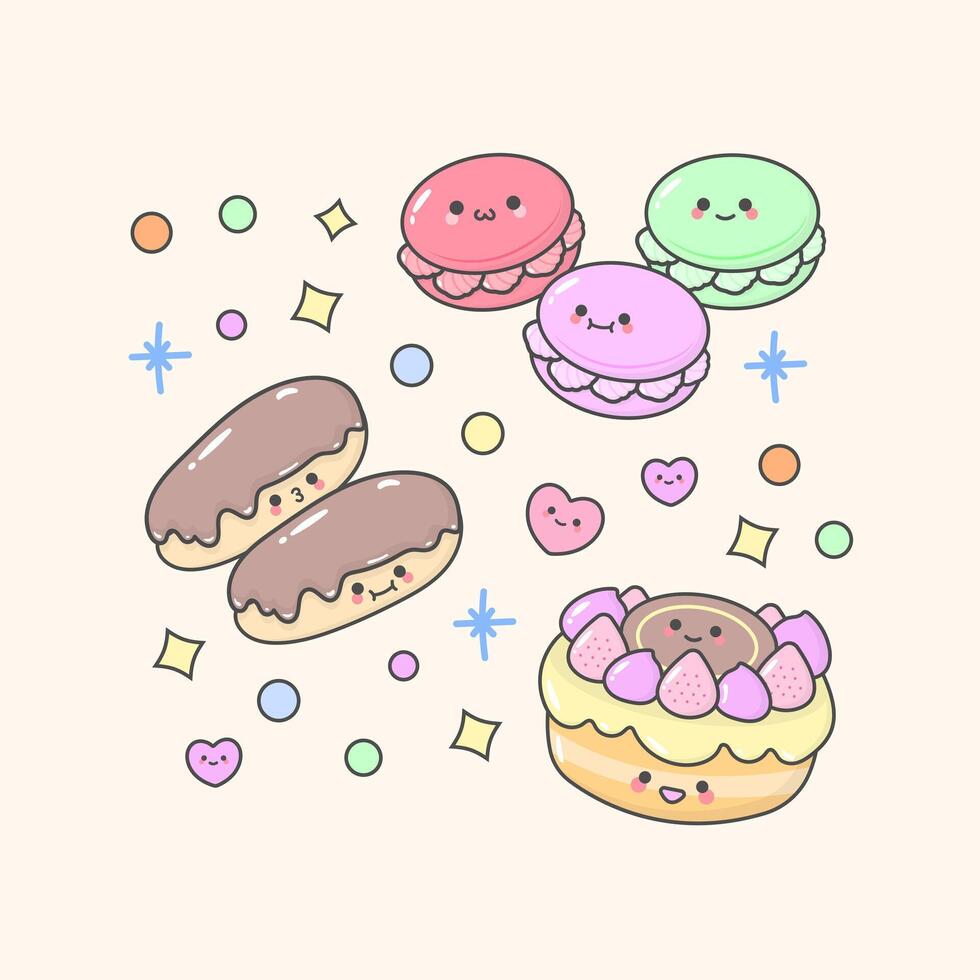 dessert cake pastry macaroon eclair birthday with cute facial expressions and pastel colour vector