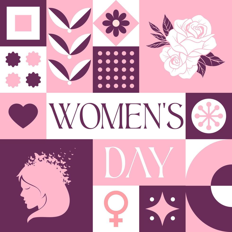 International Women's Day seamless pattern in scandinavian style postcard with Retro clean concept design vector