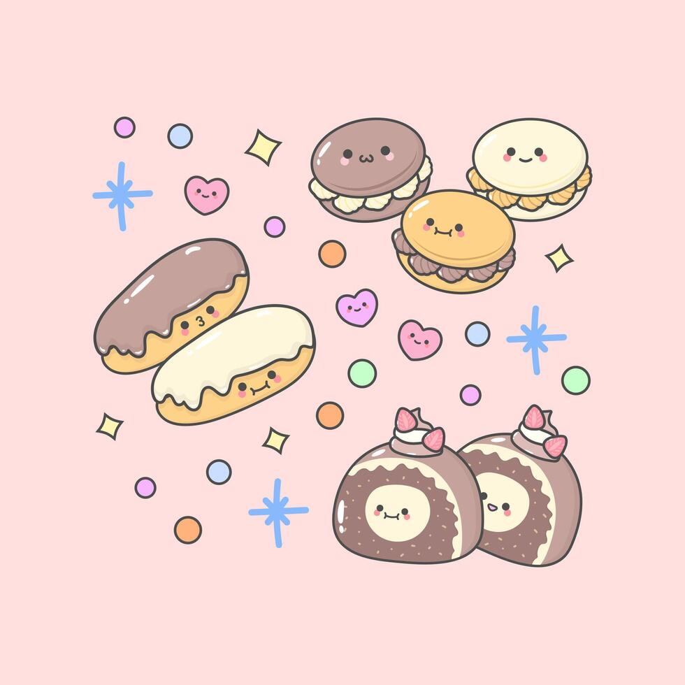 dessert cake pastry macaroon eclair rollcake with cute facial expressions and pastel colour vector