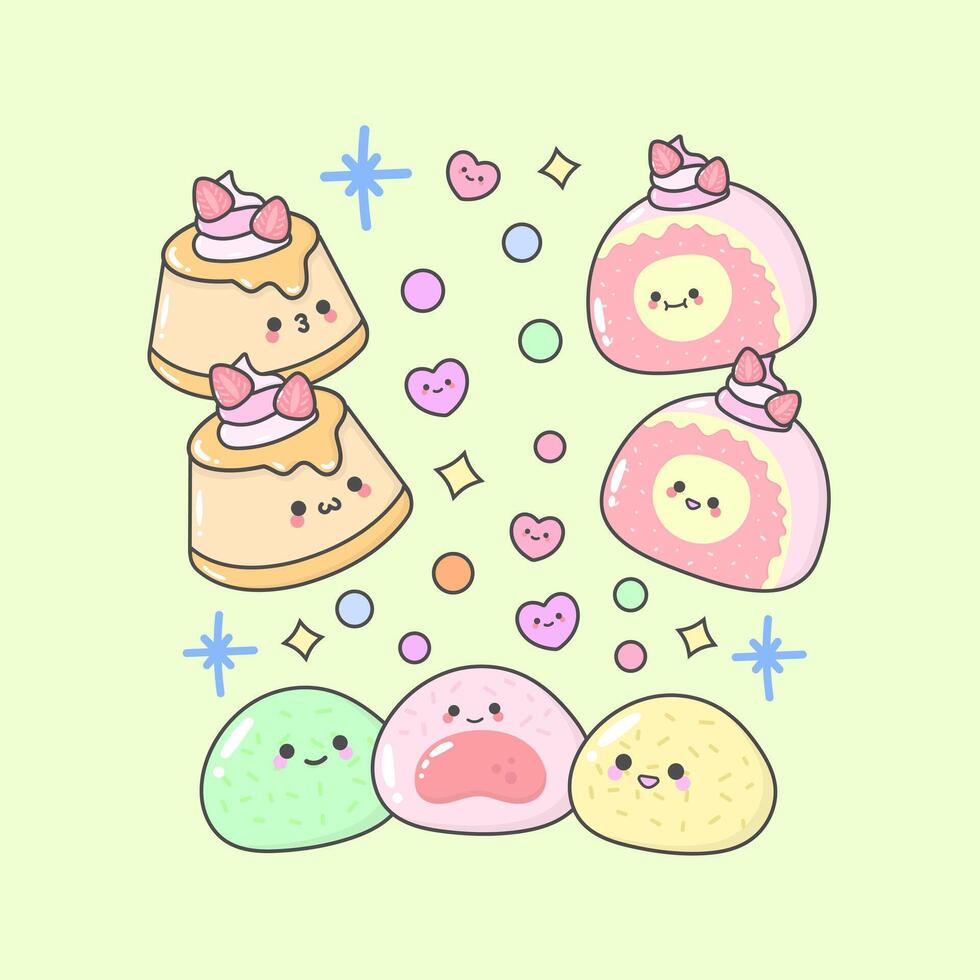 dessert cake pastry pudding mochi rollcake with cute facial expressions and pastel colour vector