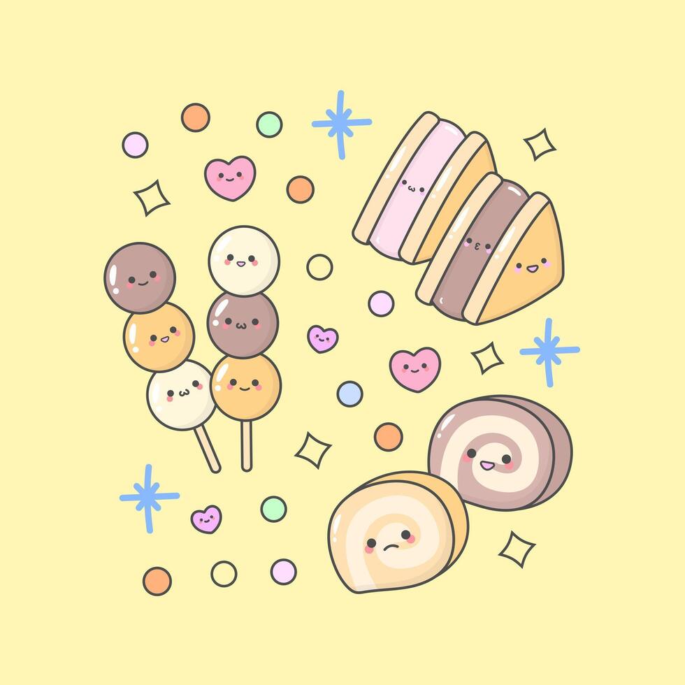 dessert cake pastry dango sandwich rollcake with cute facial expressions and pastel colour vector