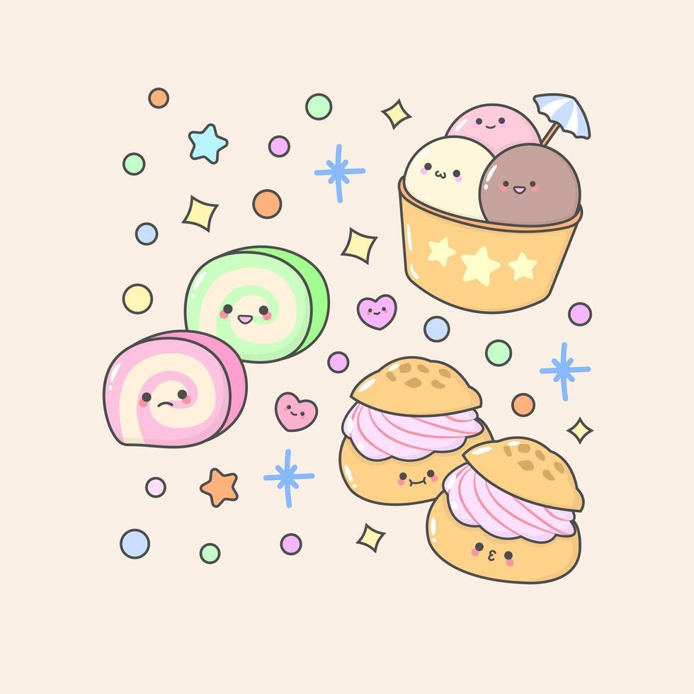 dessert cake pastry rollcake icecream eclair with cute facial expressions and pastel colour vector