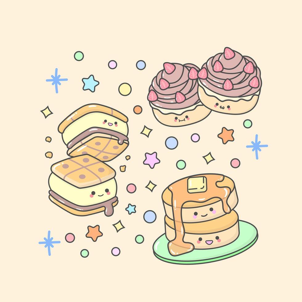 dessert cake pastry pancake biscuit cupcake with cute facial expressions and pastel colour vector