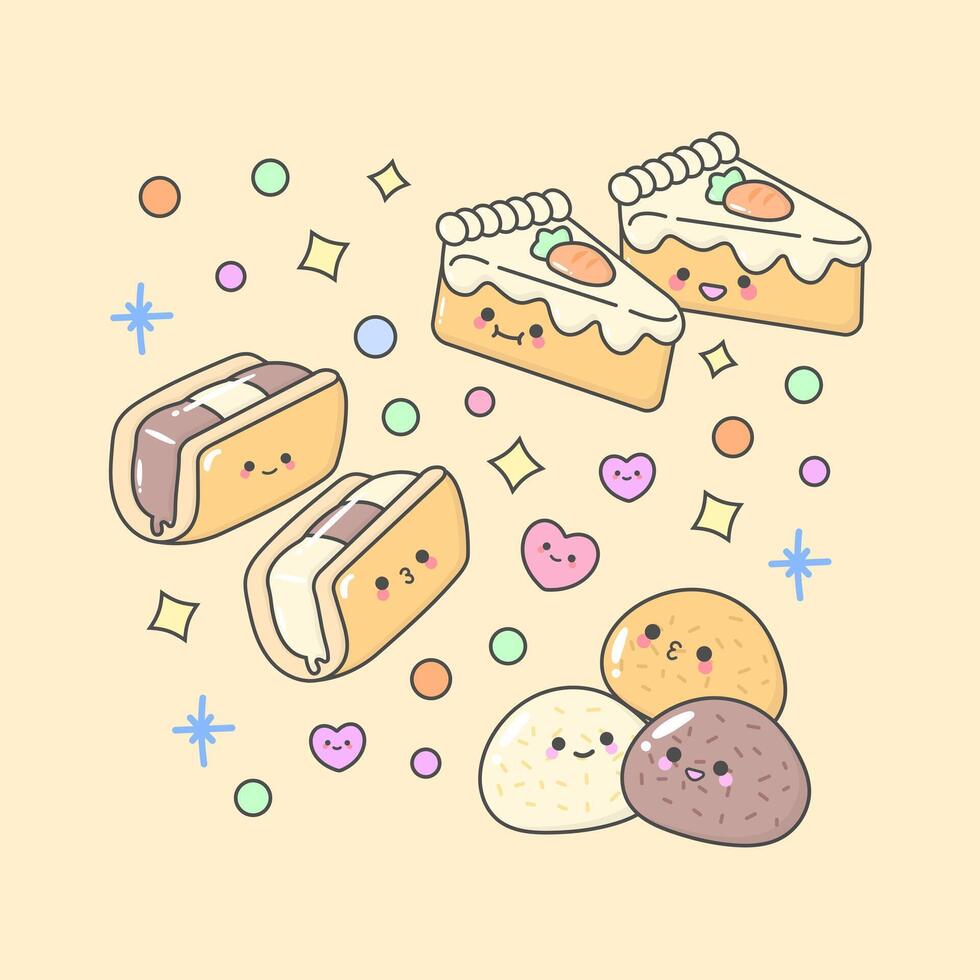 dessert cake pastry carrot cake sandwich mochi with cute facial expressions and pastel colour vector