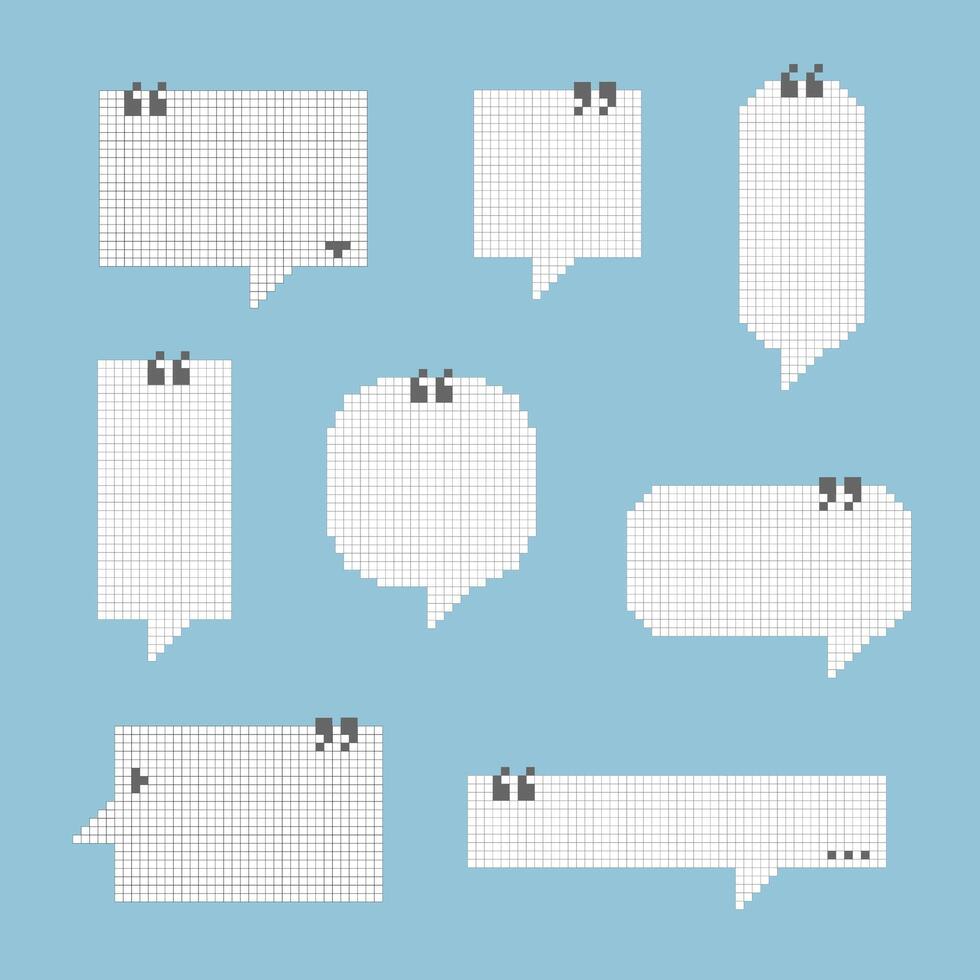 colección conjunto de retro juego 8 poco píxel habla burbuja globo con cotización marcas, texto caja bandera, negro y blanco color, plano diseño vector ilustración