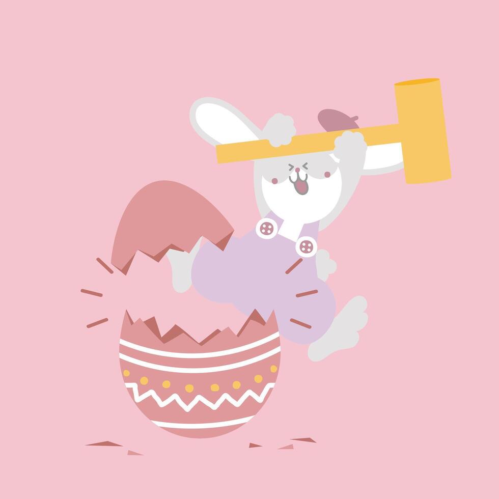 happy easter festival with animal pet bunny rabbit, hammer hatching the egg, pastel color, flat vector illustration cartoon character