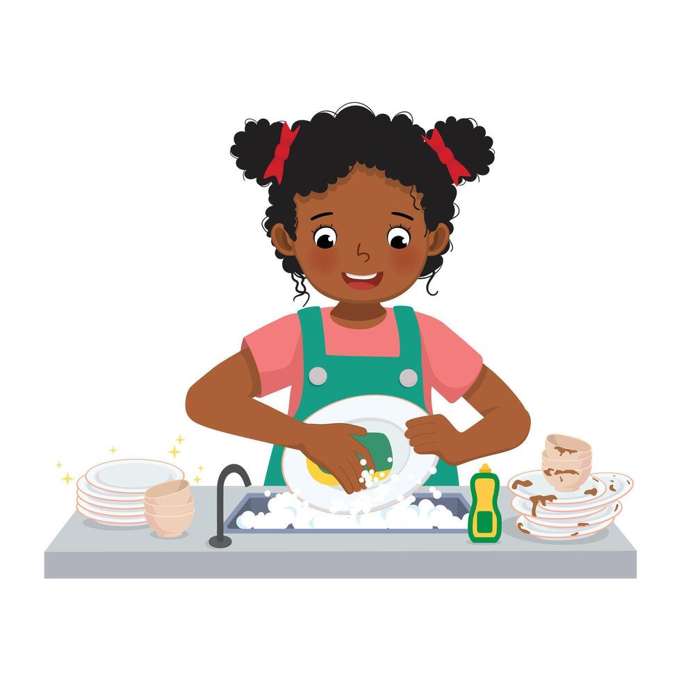 linda pequeño africano niña Lavado platos en pie a lavabo en el cocina haciendo tareas del hogar quehaceres a hogar vector