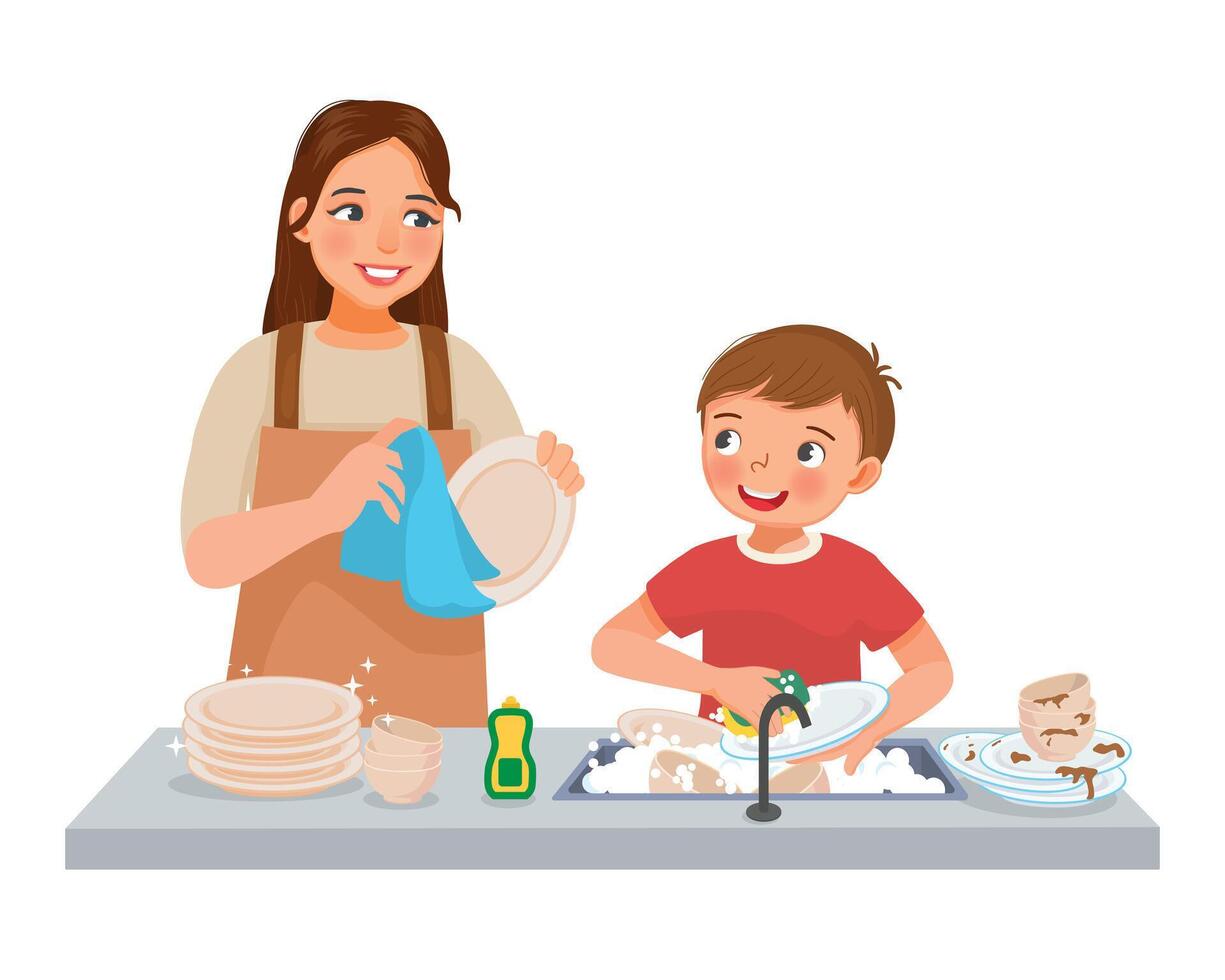linda pequeño chico Ayudar madre Lavado platos en el cocina haciendo tareas del hogar quehaceres a hogar vector