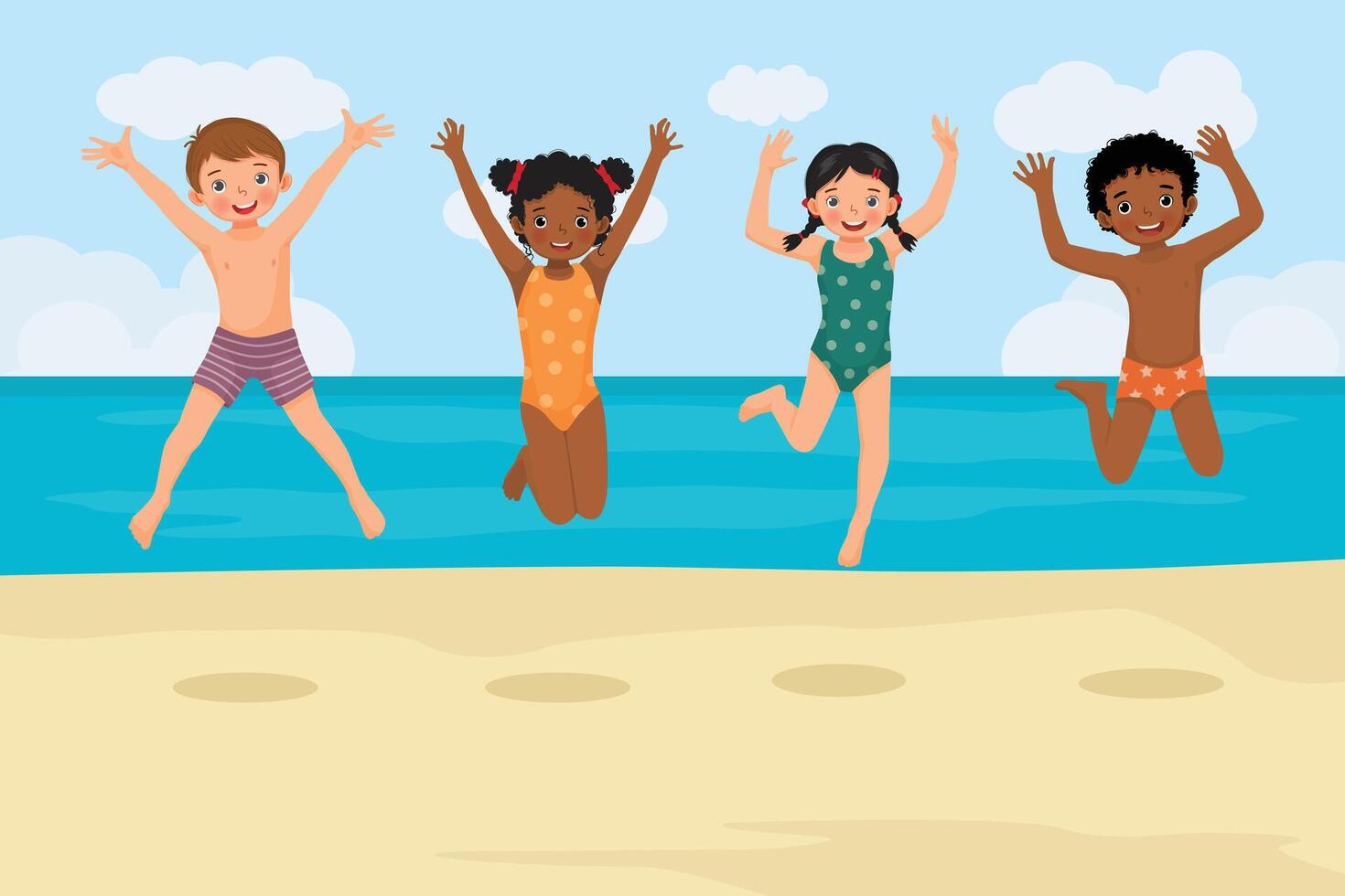 linda niños en trajes de baño saltando juntos en el playa teniendo divertido en verano fiesta vector