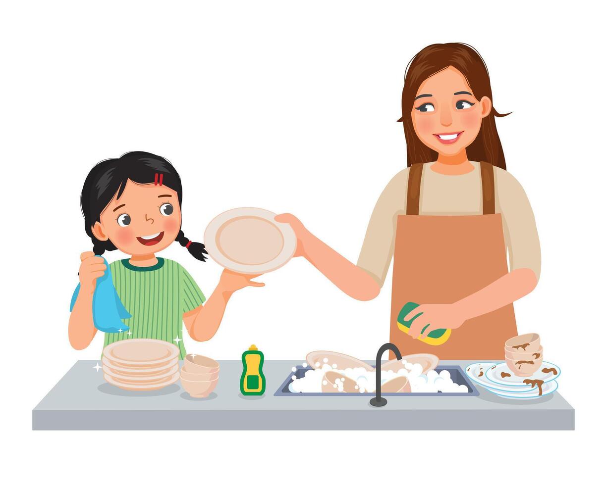 linda pequeño niña Ayudar madre Lavado platos en el cocina haciendo tareas del hogar quehaceres a hogar vector