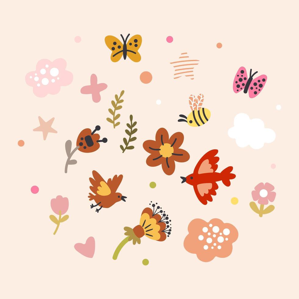 Spring set flowers and birds vector illustration