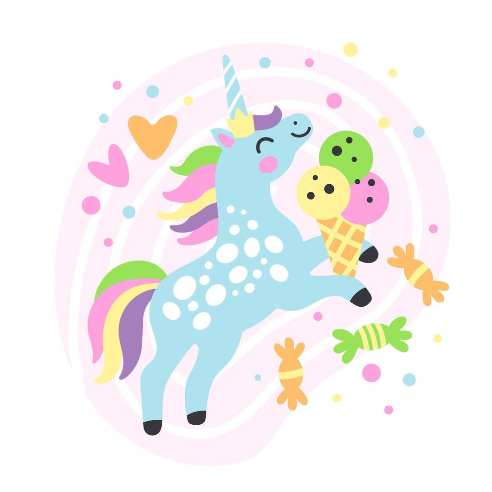 linda unicornio con dulces vector ilustración