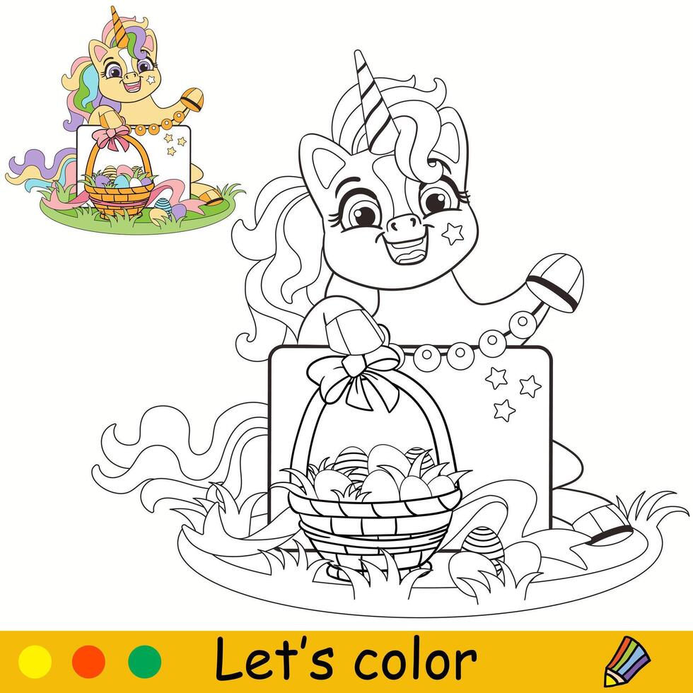 niños colorante con unicornio con cesta vector