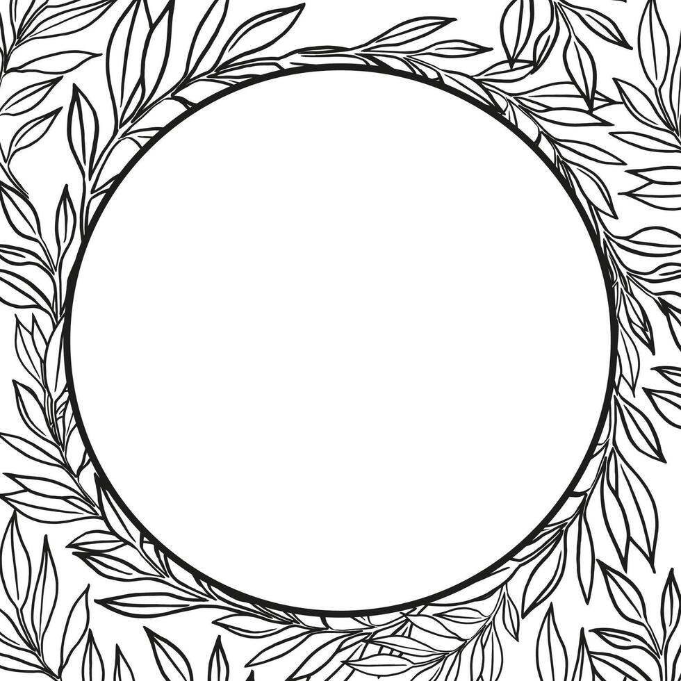 hand drawn circle frame with vector plants, brunch of flowers, sketch of leaves, herbs, grass, inked silhouette of leaves, monochrome illustration isolated on white background