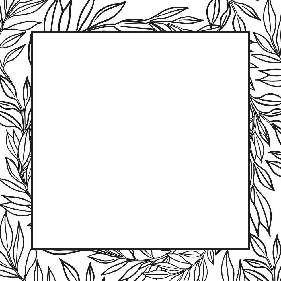 hand drawn frame with vector plants, brunch of flowers, sketch of leaves, herbs, grass, inked silhouette of leaves, monochrome illustration isolated on white background