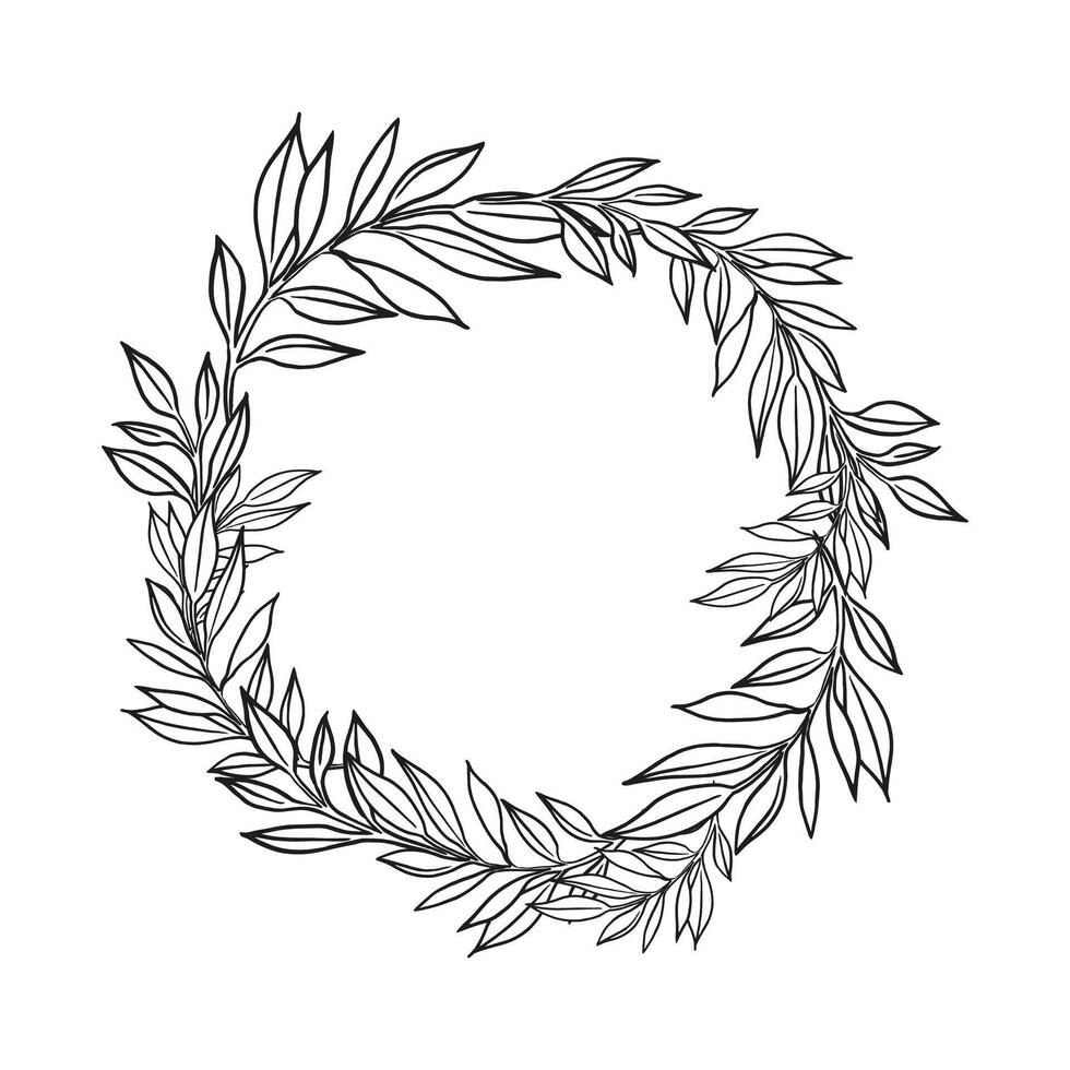hand drawn wreath with vector plants, brunch of flowers, sketch of leaves, herbs, grass, inked silhouette of leaves, monochrome illustration isolated on white background