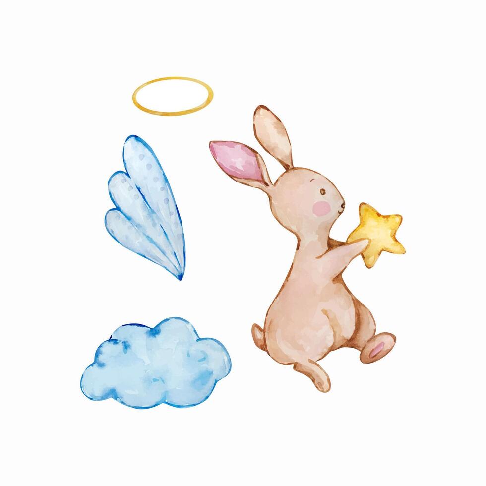 Watercolor cute baby bunny angel with wings, nursery vector