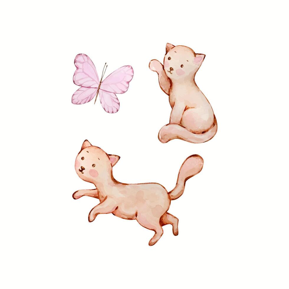 Watercolor cute baby angel cats, nursery vector