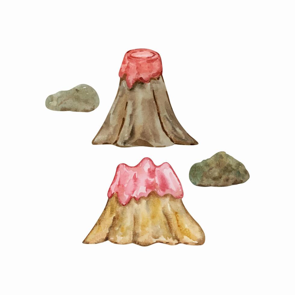 Watercolor volcano with magma, mountain illustration vector