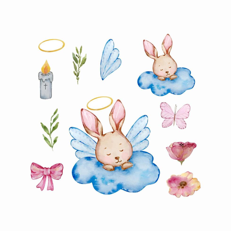 Watercolor cute baby angel bunny, nursery vector