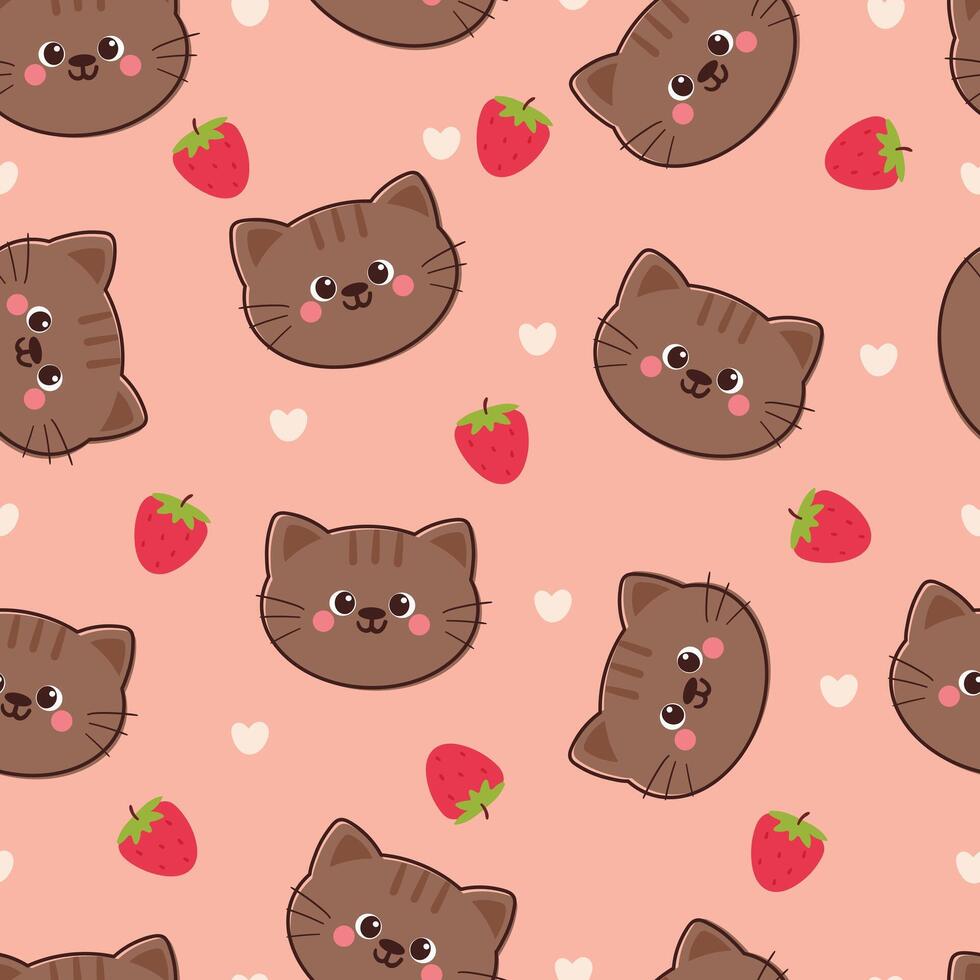 seamless pattern cartoon cat and strawberry. cute animal wallpaper illustration for gift wrap paper vector