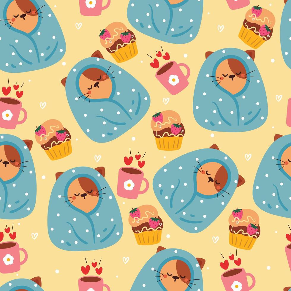 cute seamless pattern cartoon cat wrapped in blanket with dessert and hot chocolate. cute animal pattern for gift wrap paper vector