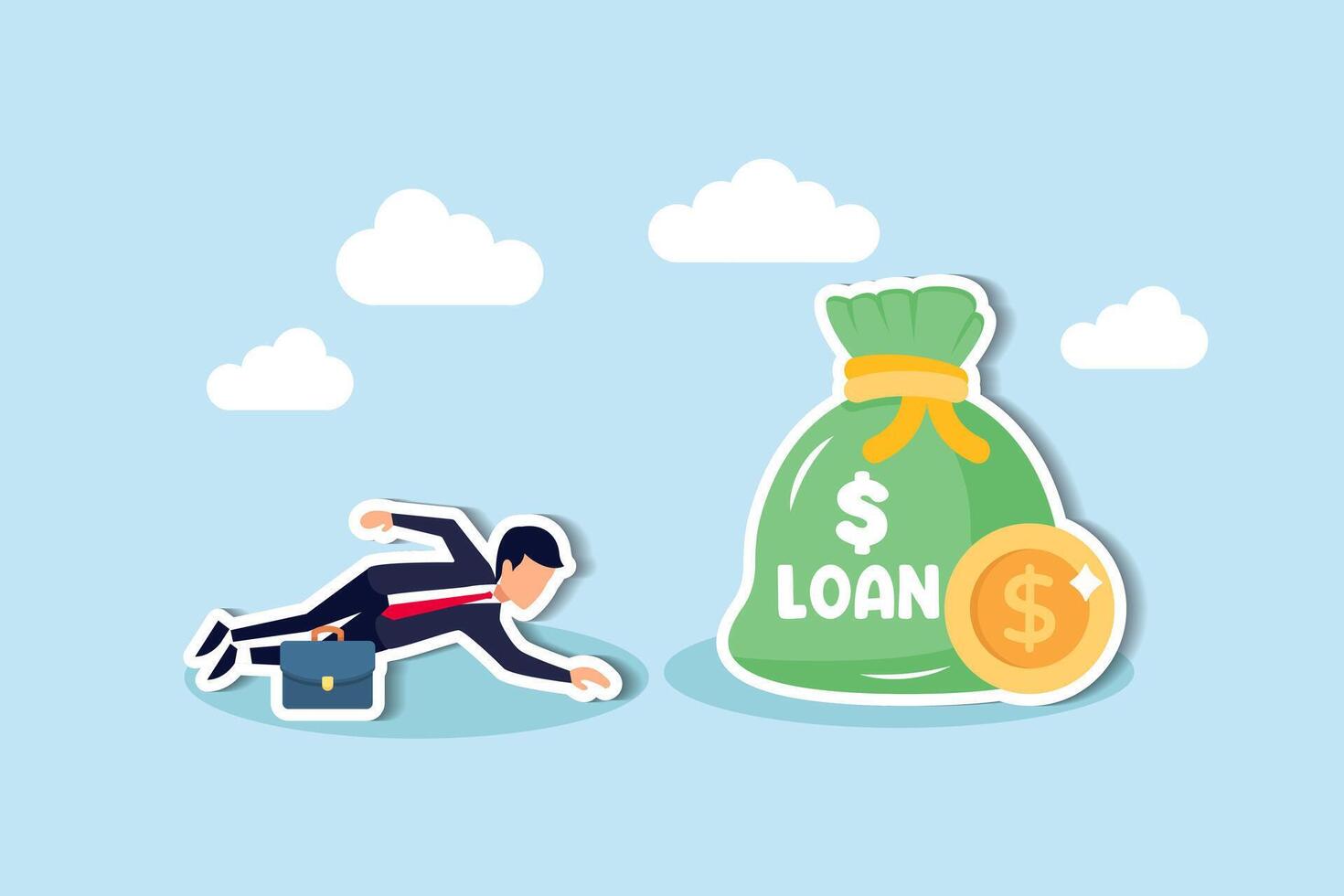 Entrepreneurs seek soft loans amidst economic crisis for business continuity concept, tried broke businessman small business owner falling on the floor trying to get bank loan. vector