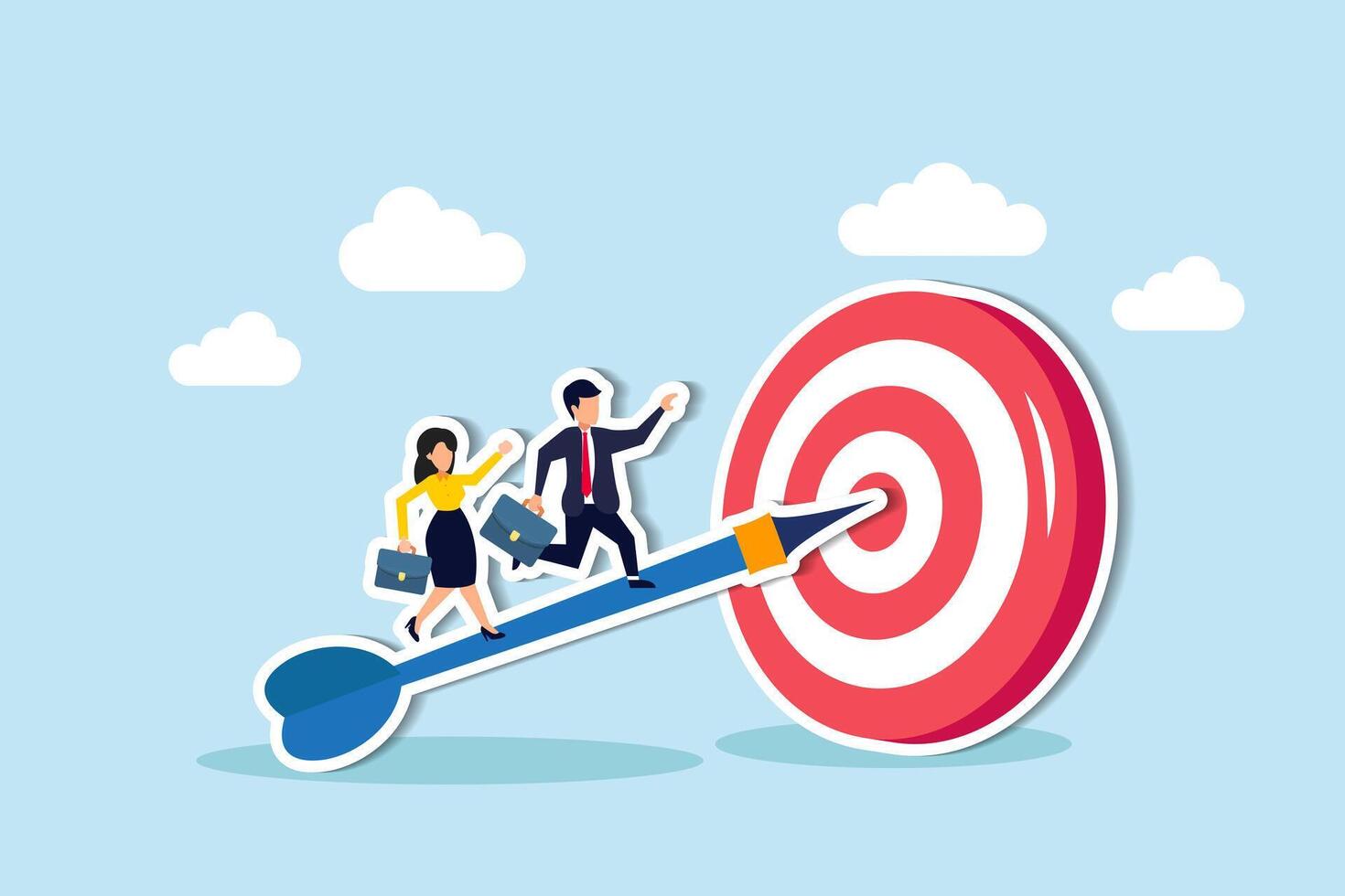 Business success, goals achieved, career growth concept, confidence businessman and businesswoman working team running up archer arrow which hitting bullseye target. vector