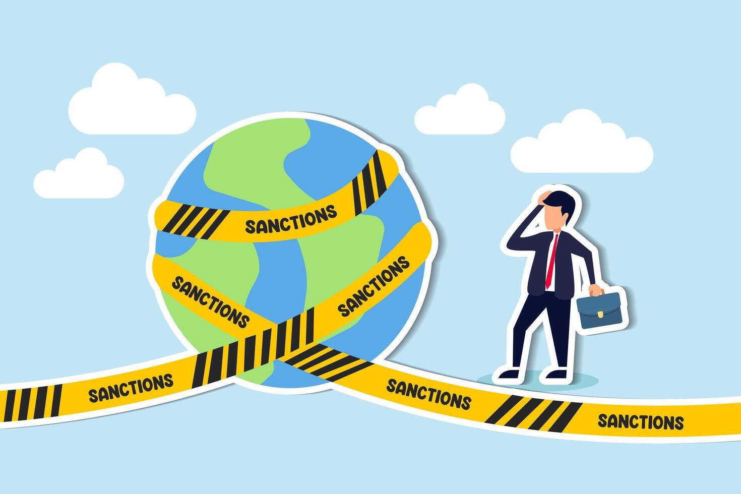 Economic sanctions compel nations to adhere to international law by restricting halting trade concept, businessman look at planet earth world country with prohibited yellow tape with word sanctions. vector