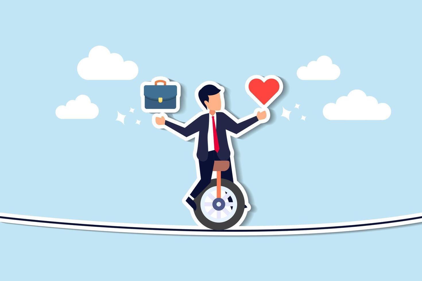 Balancing work and personal life involves managing stress, prioritizing family and health, and finding relaxation amidst responsibilities concept, businessman balance himself with heart and briefcase vector