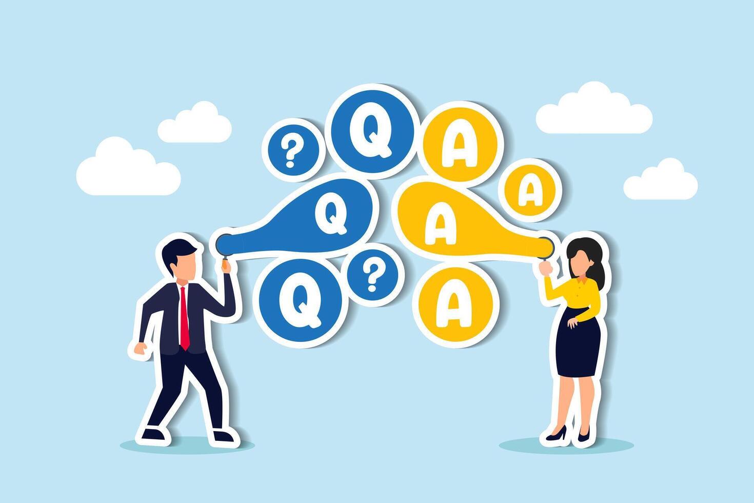 FAQs, commonly asked queries, discussions, QA sessions for solutions to various issues concept, smart businessman and businesswoman blow flying bubbles with Q and A, question mark sign. vector