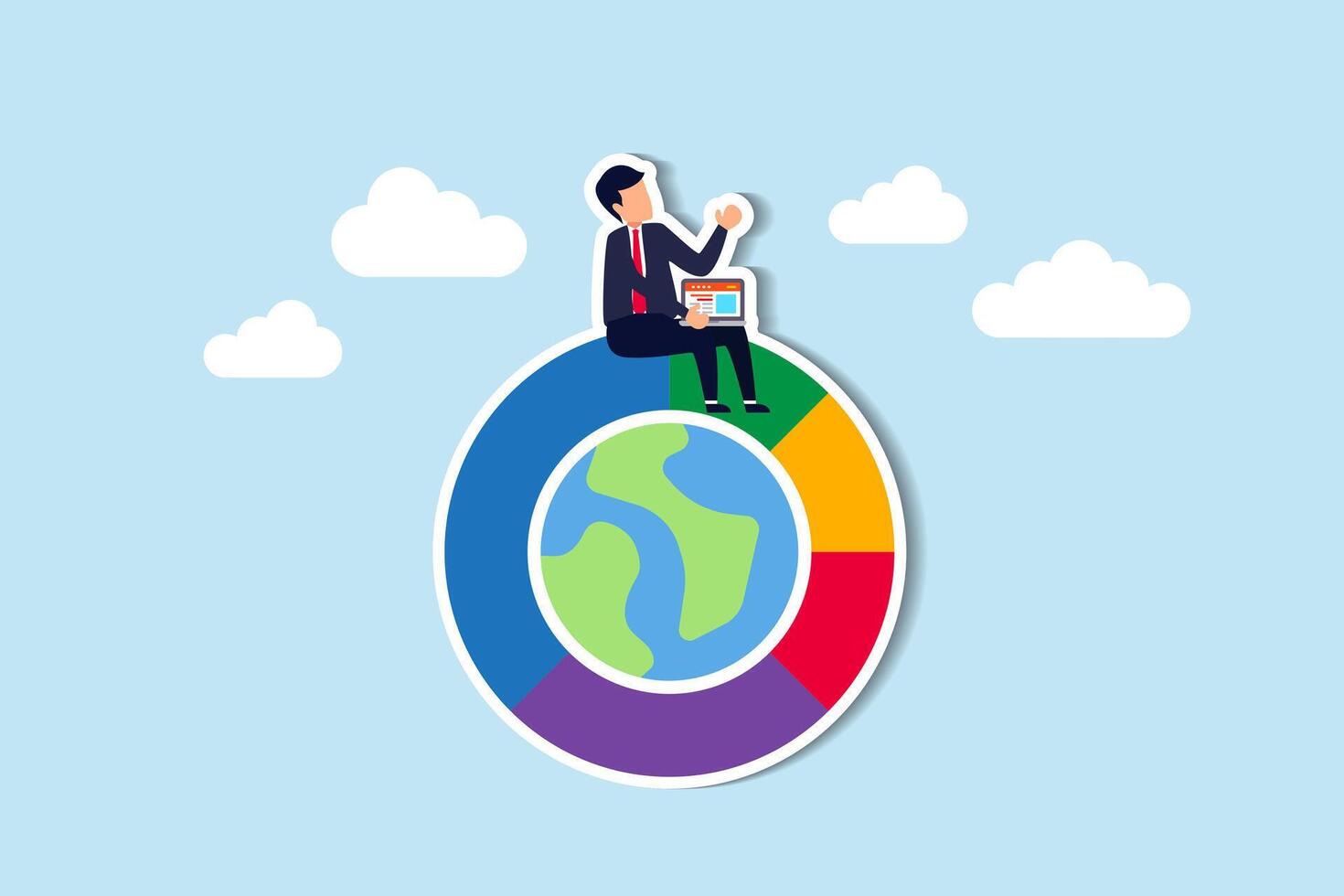 Global asset allocation, global stock market investment, international market pie chart, financial or world economic concept, businessman work with computer laptop on world pie chart. vector