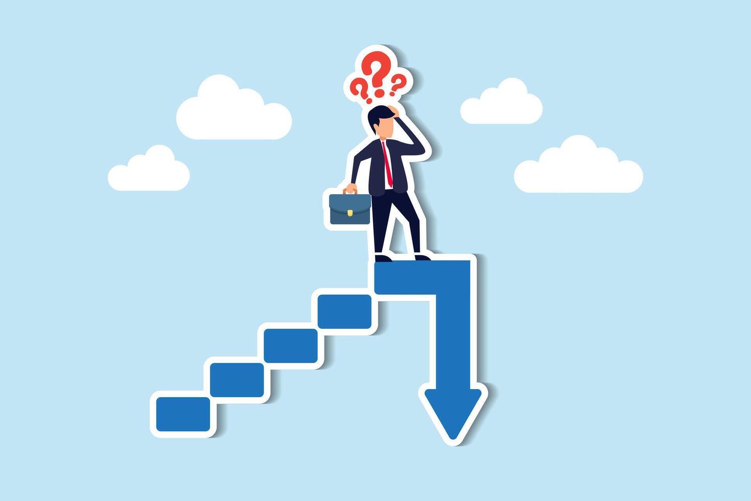 Stock market slump or bubble burst, risking investments, triggering recession, career stagnation, or financial peril concept, frustrated businessman investor climb up stair with arrow down on top. vector