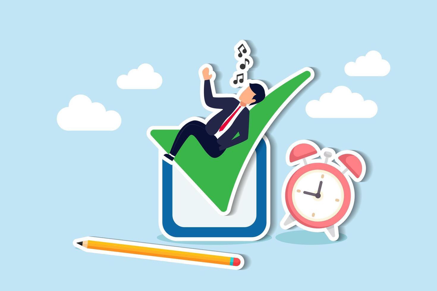 Effortlessly meeting deadlines, enhancing efficiency and productivity, ticking off tasks, completing checklists with ease  concept, businessman relax sleep on complete checkbox with alarm clock. vector