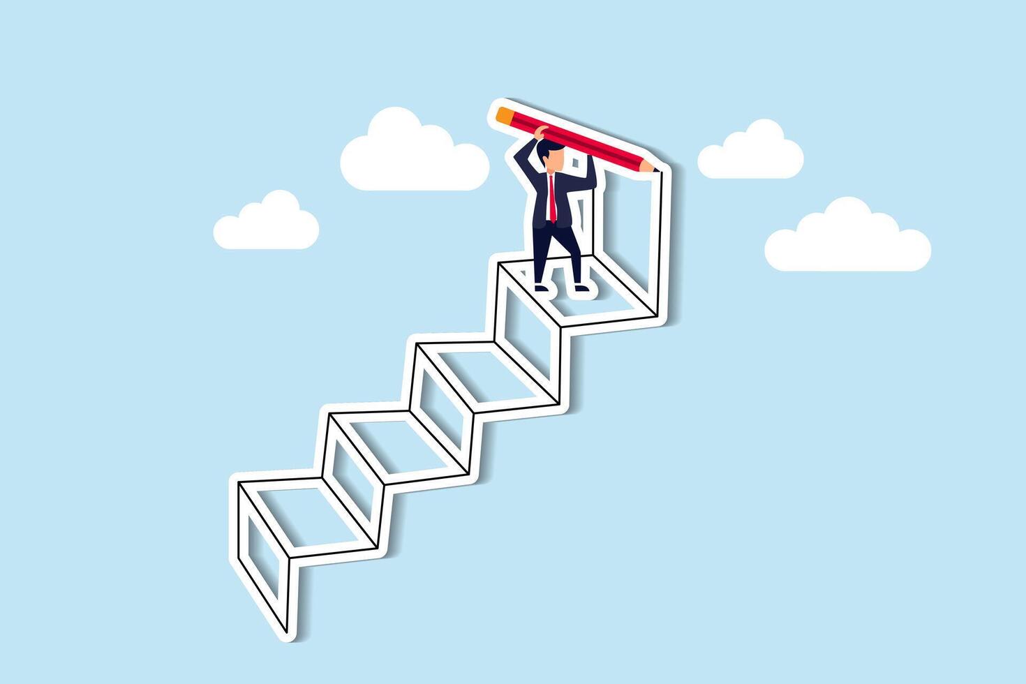 Drive to advance and reach goals, expanding business or enhancement, motivation to forge path or climb to success concept, smart businessman using pencil to draw big stair to climb up to success. vector