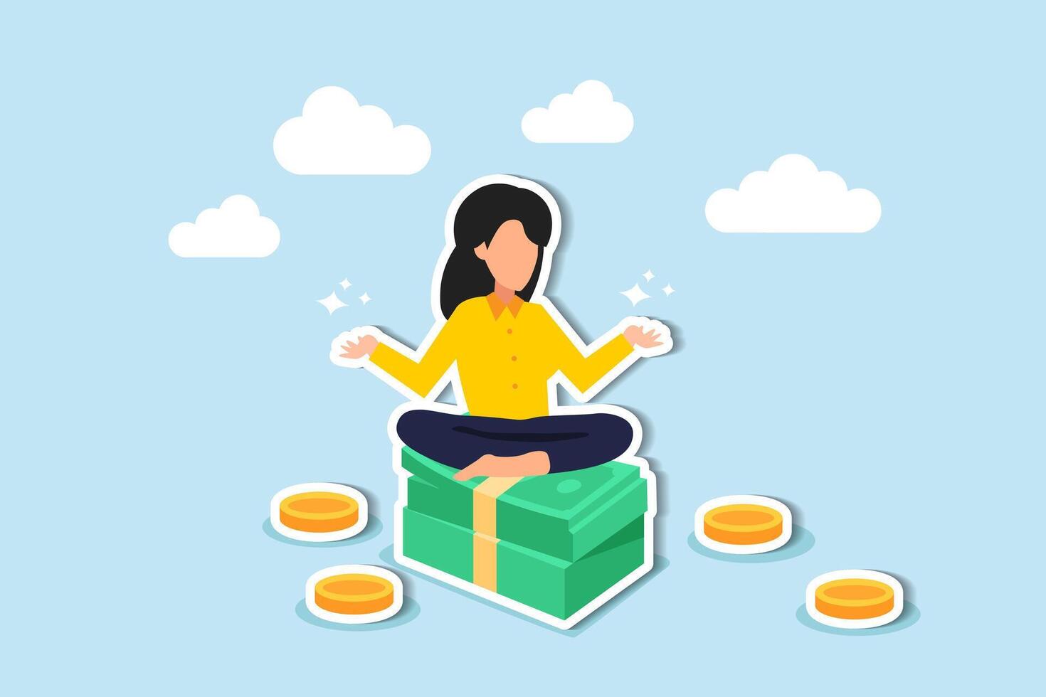 financiero bienestar involucra gerente dinero sabiamente, ahorro, invertir, y acumulando riqueza mediante ingresos o salario concepto, éxito mujer loto meditando en pila de dinero billetes y moneda. vector