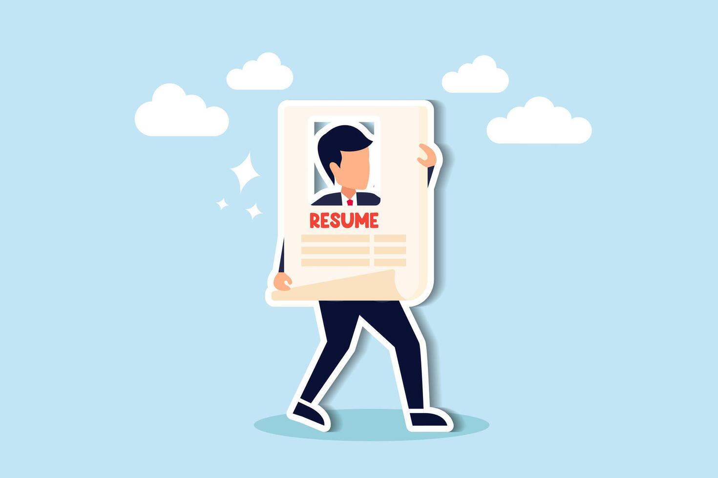 Unique CV, creative business profile for job application concept, young smart businessman holding his resume or CV printed paper present his working profile for hiring. vector