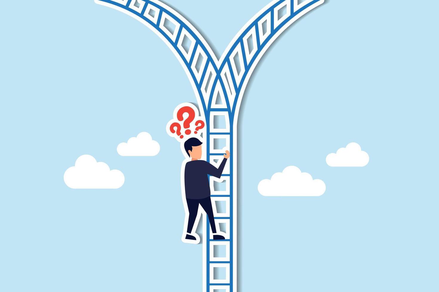Decision making involves selecting options or pathways to success, determining the direction toward achieving targets concept, confused businessman climb up ladder and found crossroad to make decision vector