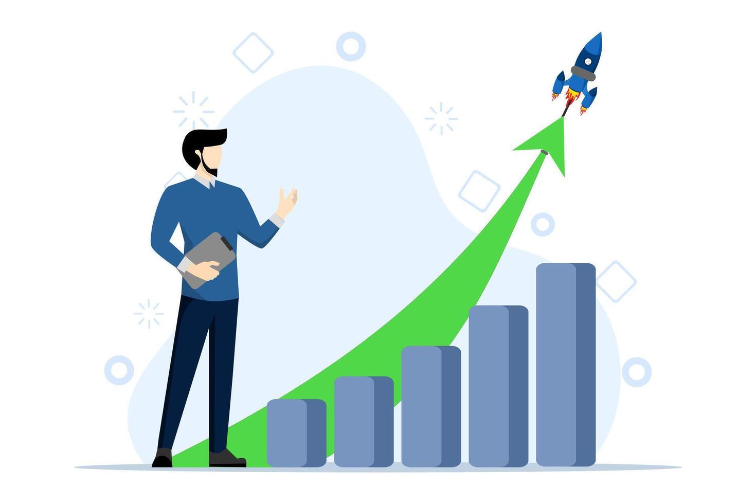 Exponential growth concept. Business sale, investment, wealth or income increase profit increase concept graph, financial report chart with exponential arrow flying rocket. vector