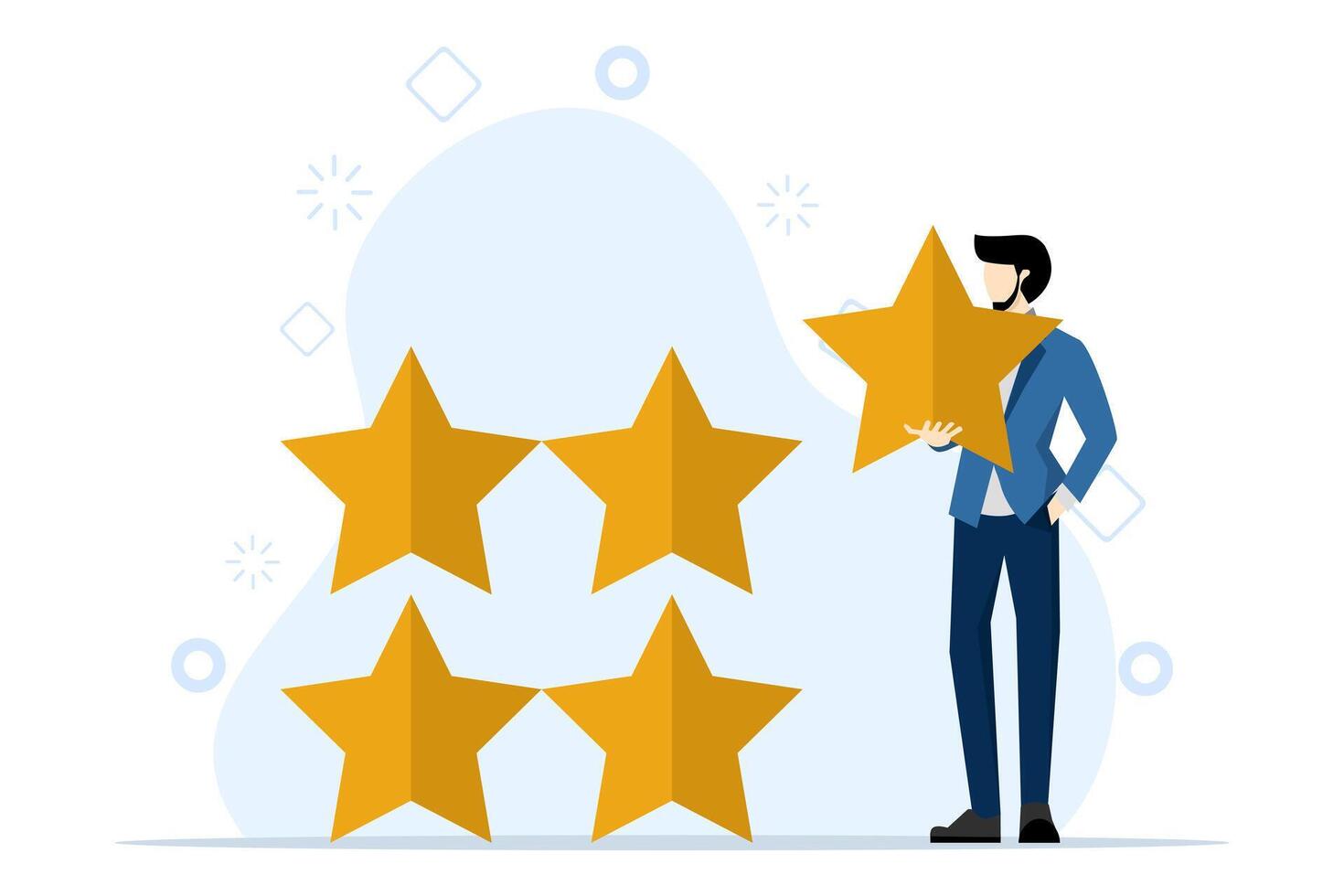 User experience concept, customer feedback star rating or business and investment rating concept, businessman holding golden yellow star to add 5 stars rating. flat vector illustration on background.