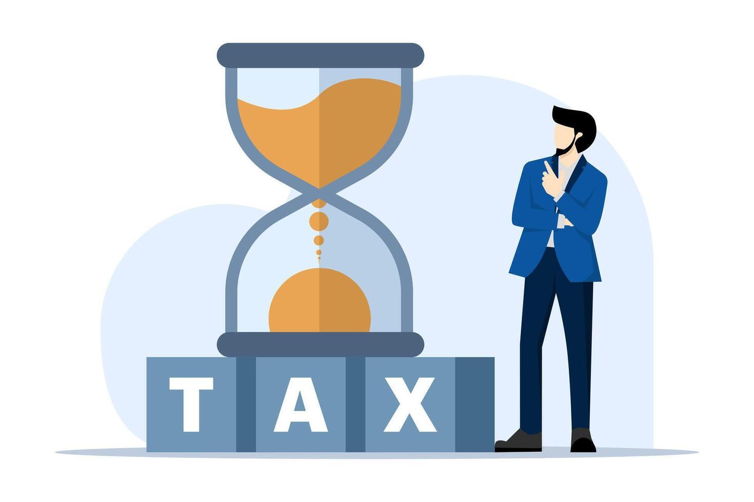 Countdown time for tax deadline concept, hourglass or sandglass on wooden cube block with letters TAX with character standing looking at hourglass, flat vector illustration on white background.