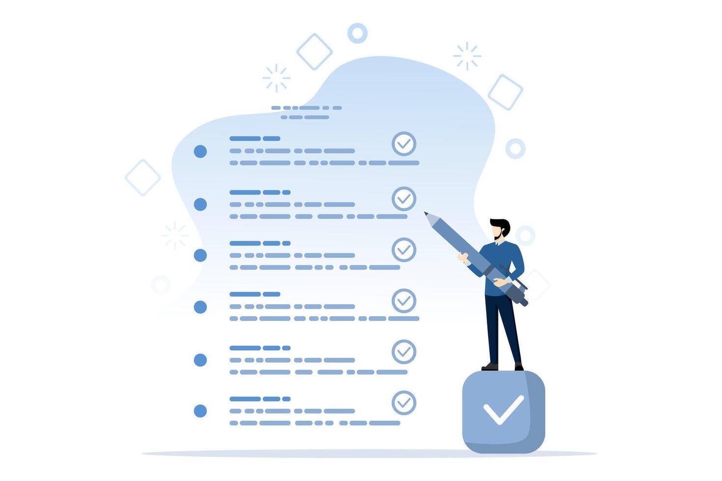 concepto de consiguiendo alguna cosa hecho, completando un tarea o negocio logro, completando un Lista de Verificación, logro o proyecto progreso, empresario completando su tarea con un cheque marca. vector