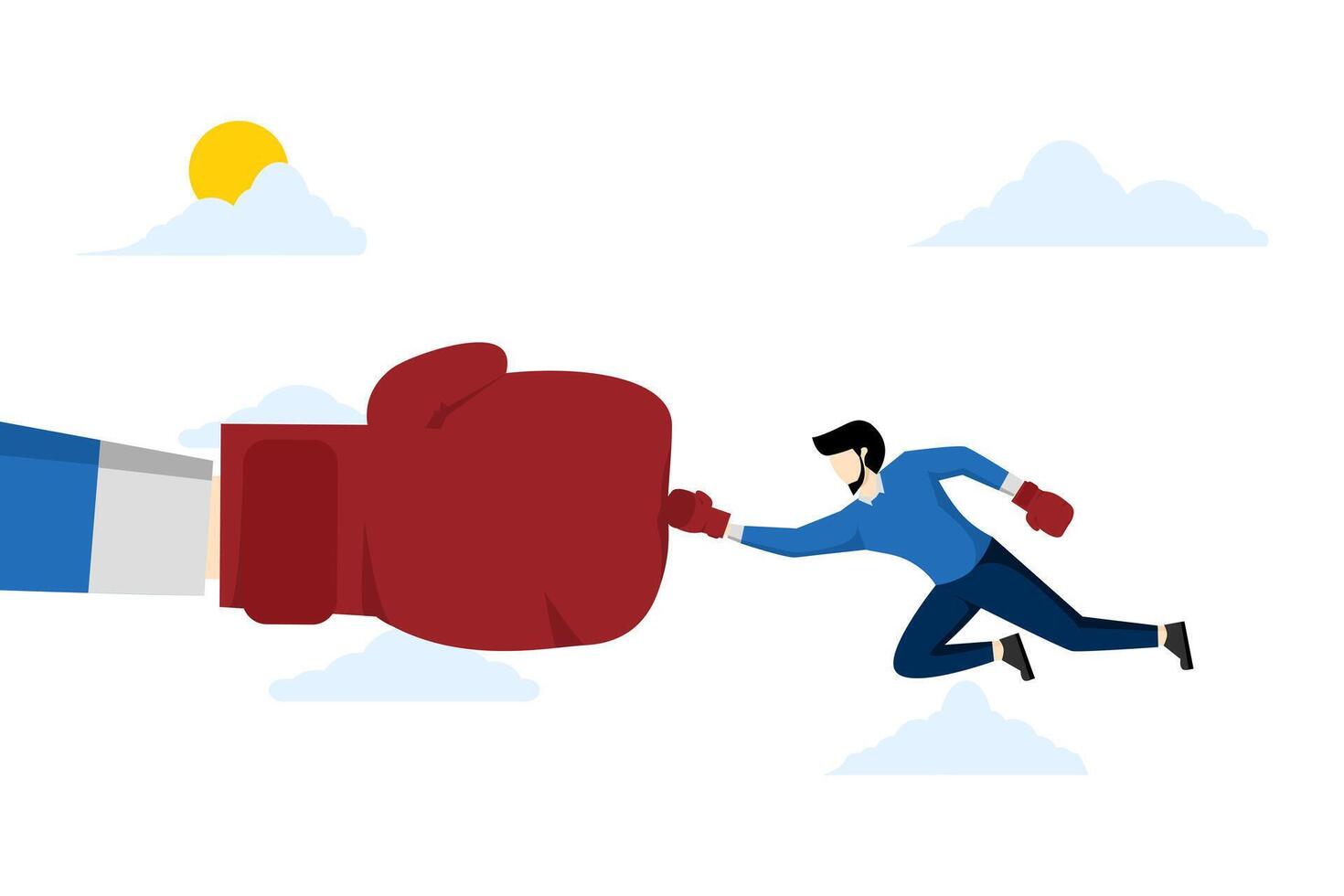 concept of overcoming problems with men, male power or male virility, career competition or power concept, strong executive businessman wearing boxing gloves fighting with big fists. vector