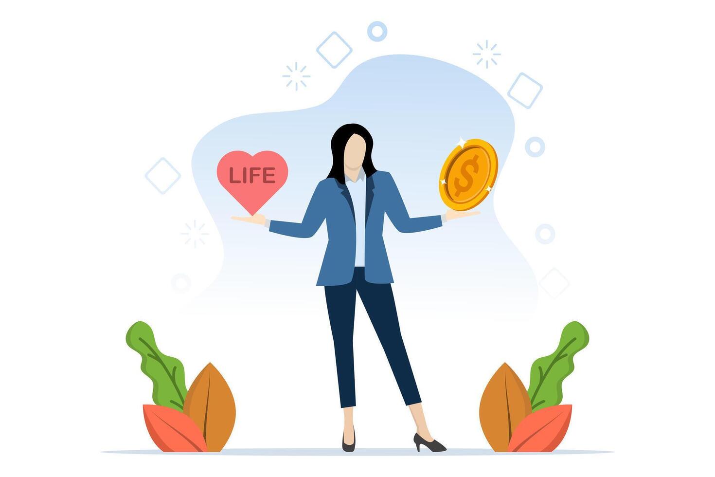 trabajo vida equilibrar concepto, elegir Entre gasto hora con familia y tú mismo o trabajando difícil a ganar dinero, empresario con un grande moneda con un corazón conformado verbo y vida en el otro lado. vector