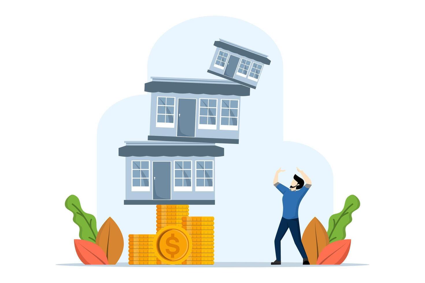 Real estate stock risk or economic recession concept, falling property and housing market, homeowner businessman or real estate agent helping protect house from falling from unstable pile of coins. vector